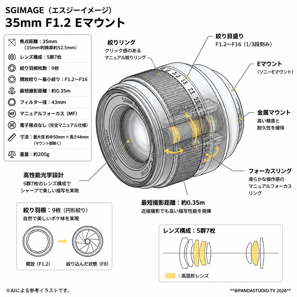 SGIMAGE（エスジーイメージ） 35mm F1.2 Eマウント スペック