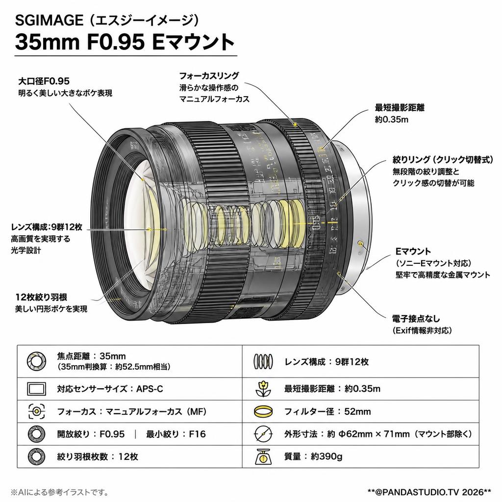SGIMAGE（エスジーイメージ） 35mm F0.95 Eマウント スペック