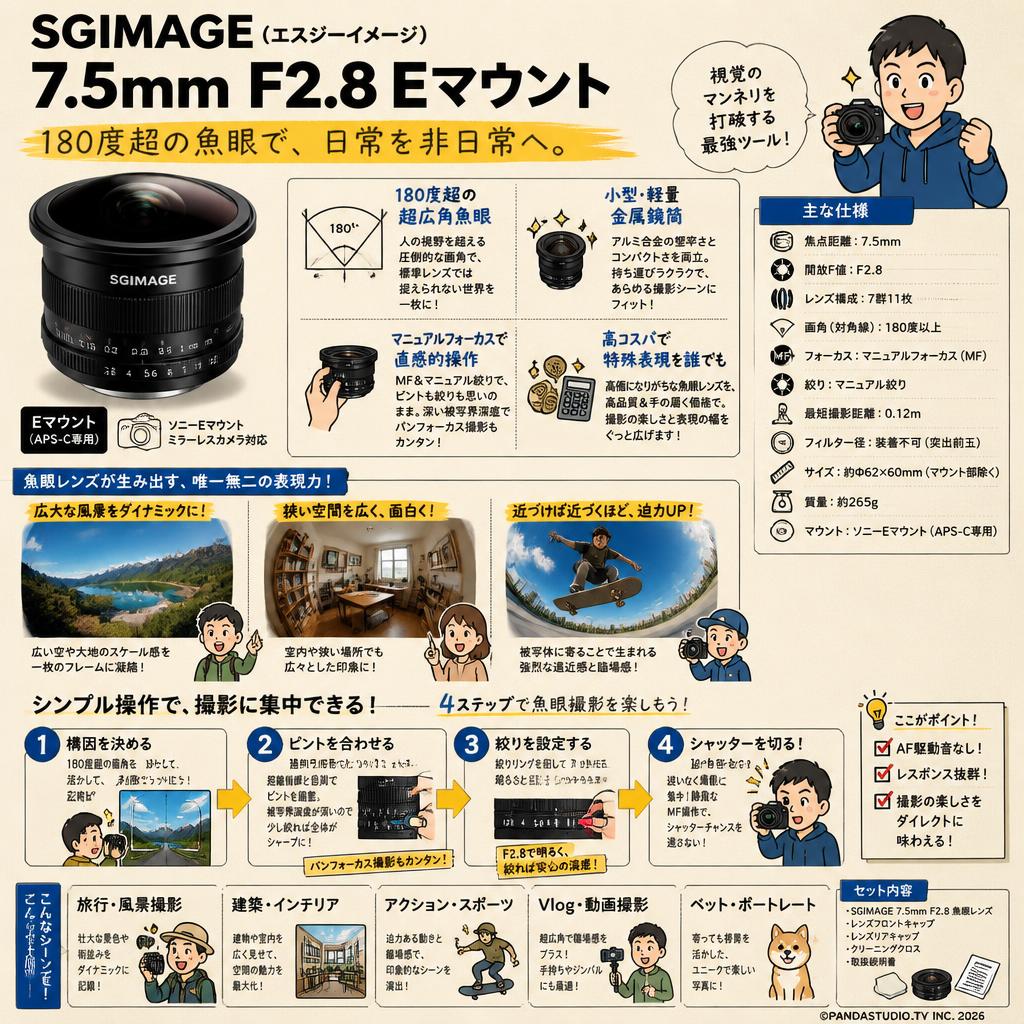SGIMAGE（エスジーイメージ） 7.5mm F2.8 Eマウント 概要