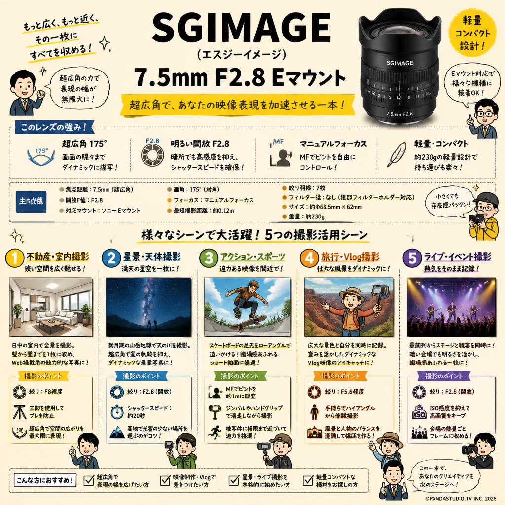 SGIMAGE（エスジーイメージ） 7.5mm F2.8 Eマウント 用途