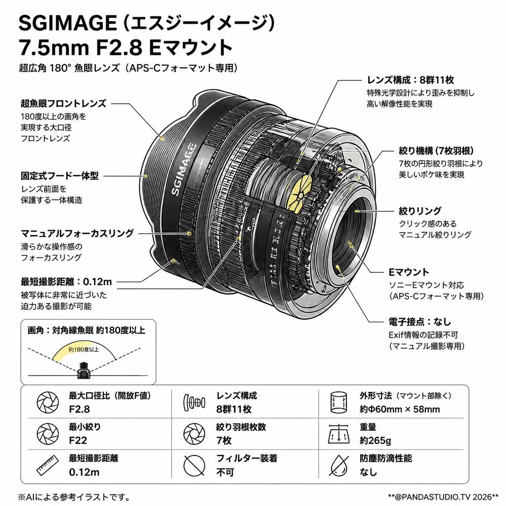 SGIMAGE（エスジーイメージ） 7.5mm F2.8 Eマウント スペック