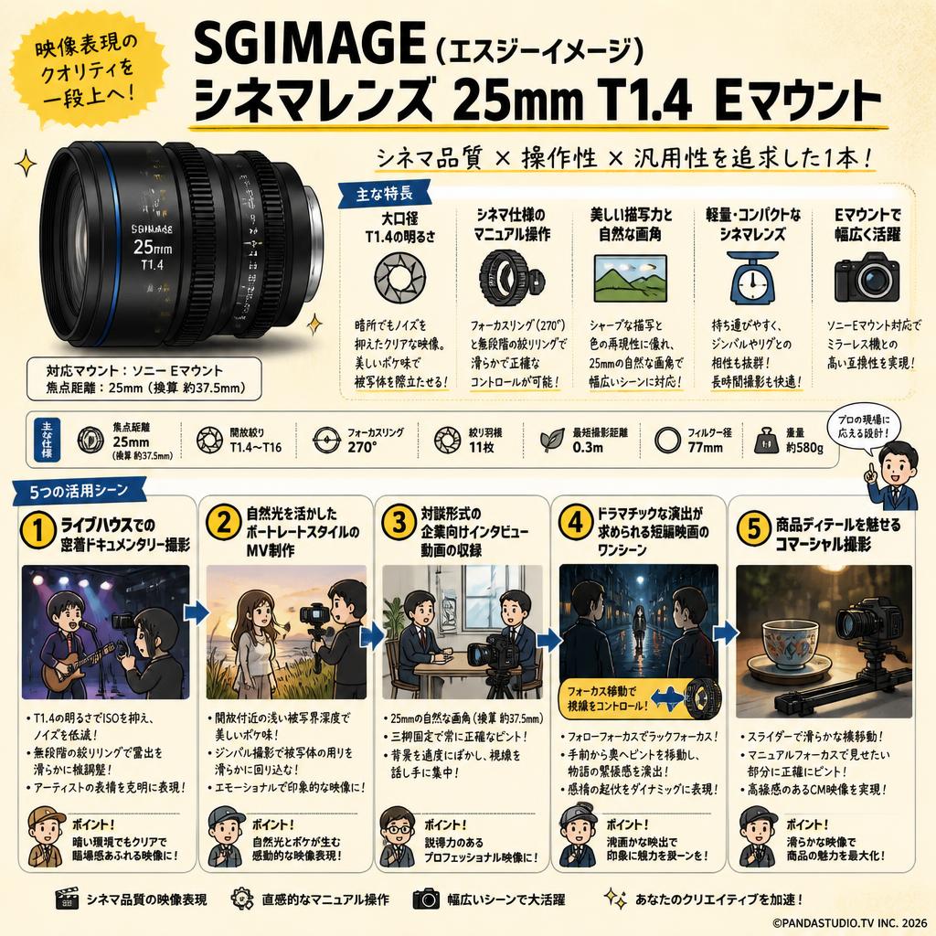 SGIMAGE（エスジーイメージ）シネマレンズ  25mm T1.4  Eマウント 用途