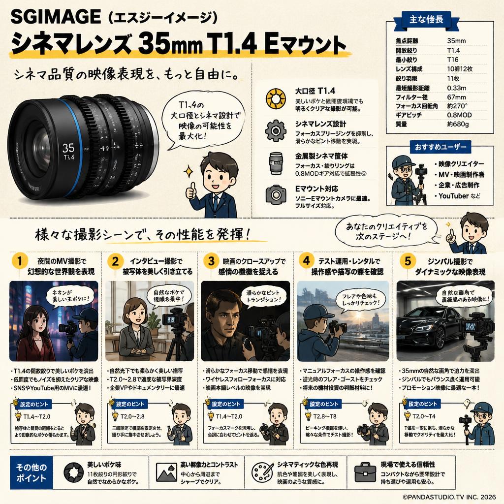 SGIMAGE（エスジーイメージ）シネマレンズ 35mm T1.4 Eマウント 用途