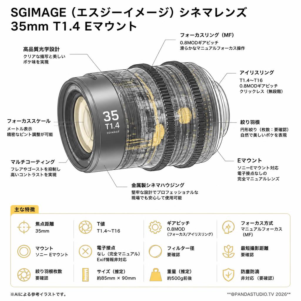 SGIMAGE（エスジーイメージ）シネマレンズ 35mm T1.4 Eマウント スペック