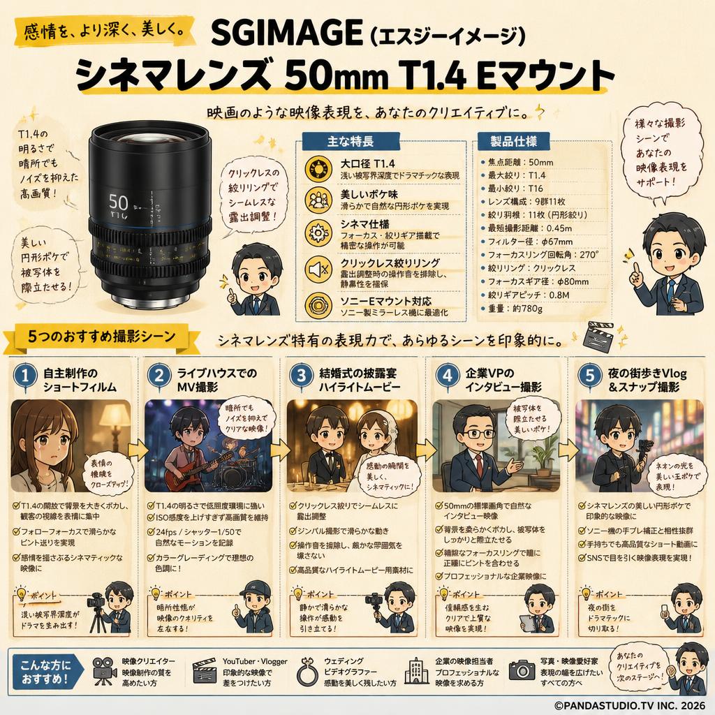 SGIMAGE（エスジーイメージ）シネマレンズ 50mm T1.4 Eマウント 用途