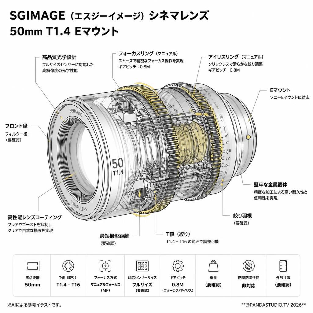 SGIMAGE（エスジーイメージ）シネマレンズ 50mm T1.4 Eマウント スペック