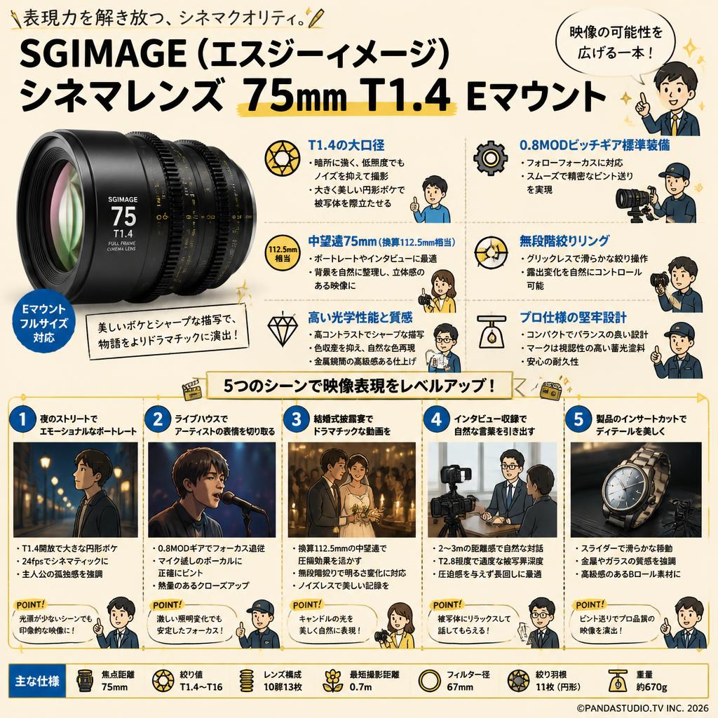SGIMAGE（エスジーイメージ）シネマレンズ  75mm T1.4 Eマウント 用途