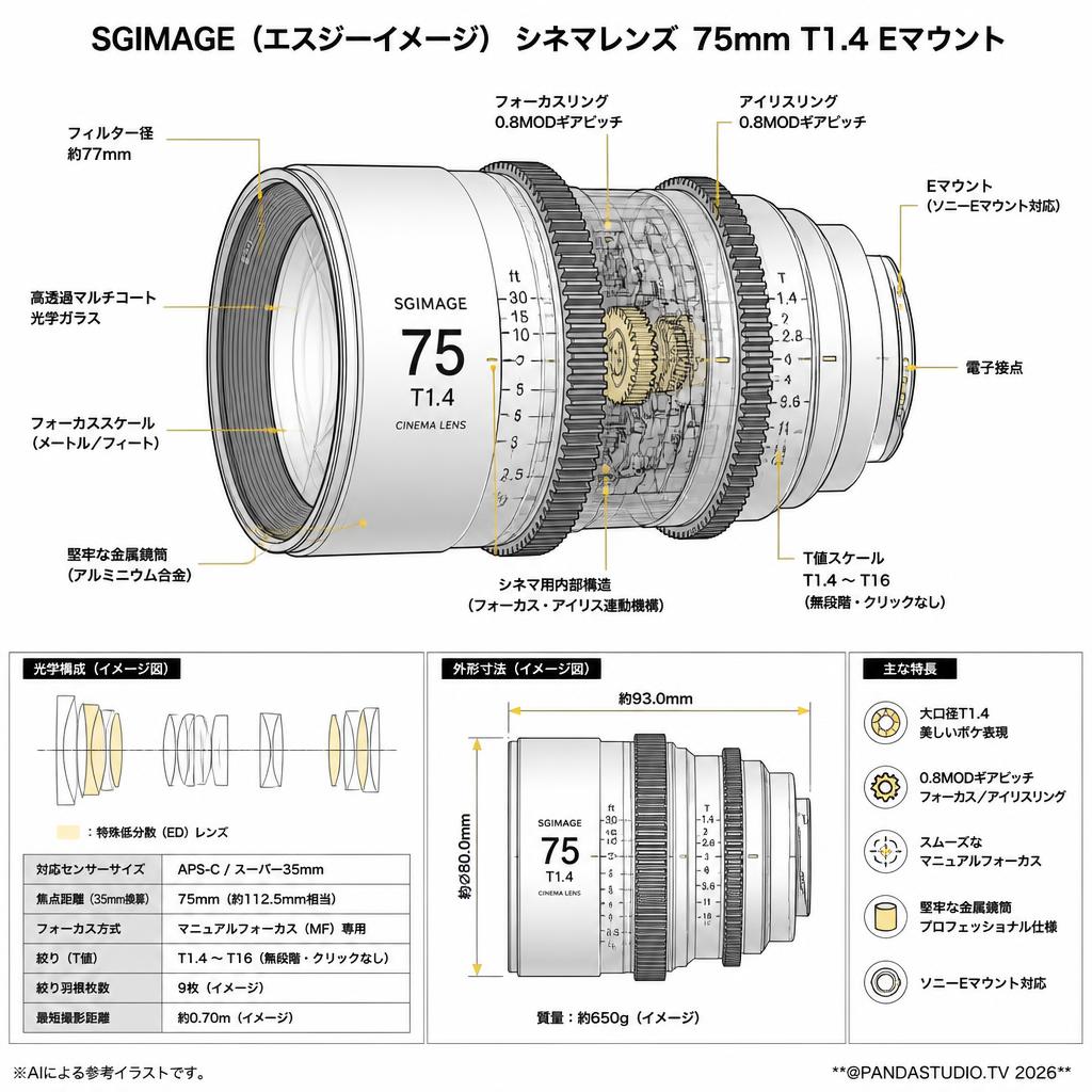 SGIMAGE（エスジーイメージ）シネマレンズ  75mm T1.4 Eマウント スペック