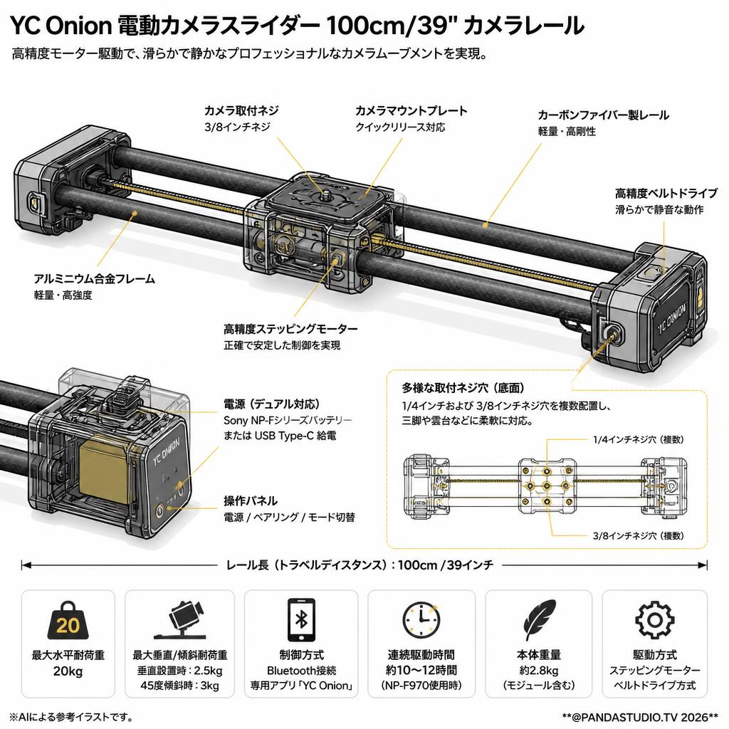 YC Onion電動カメラスライダー100cm/39"カメラレール スペック