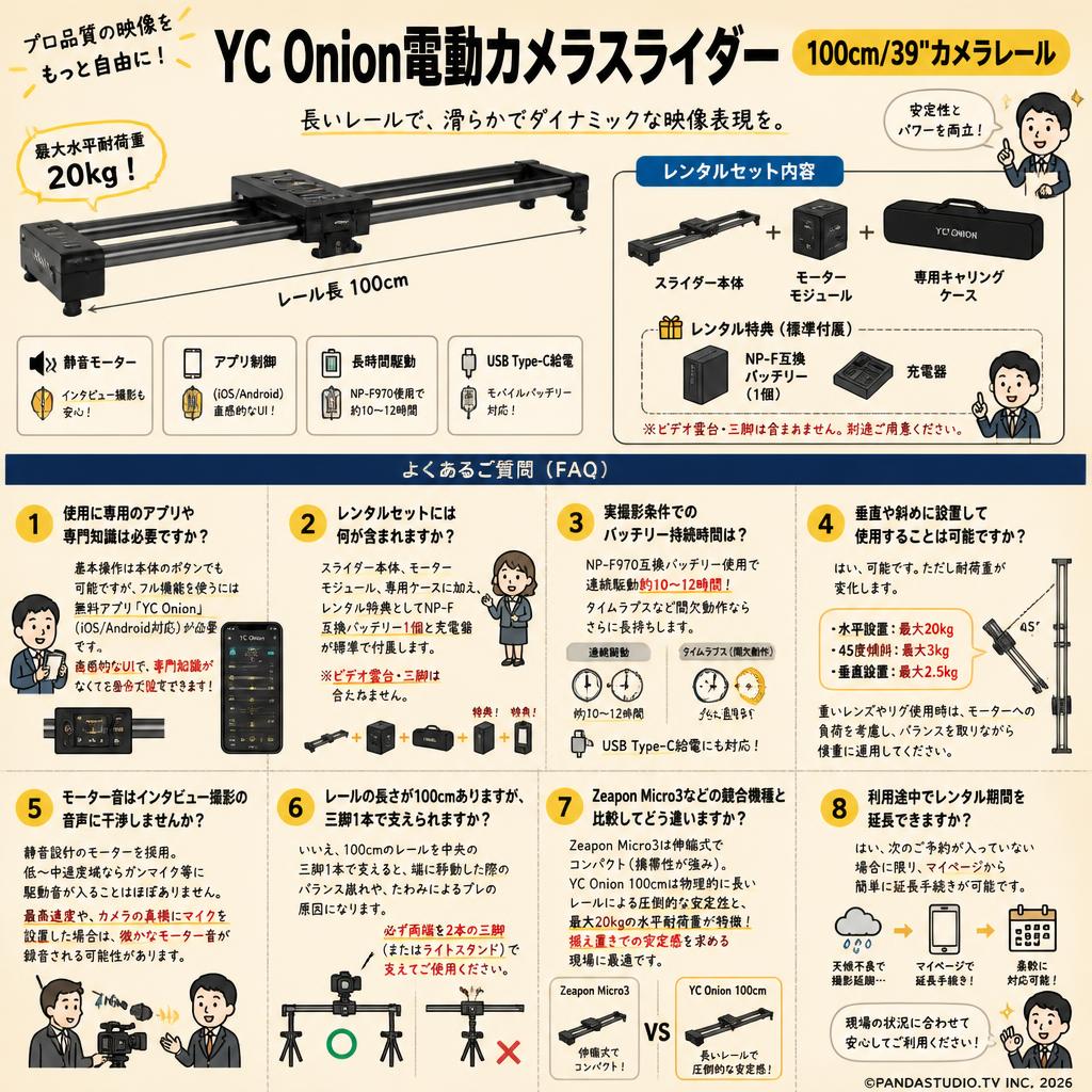 YC Onion電動カメラスライダー100cm/39"カメラレール FAQ（よくある質問と答え）