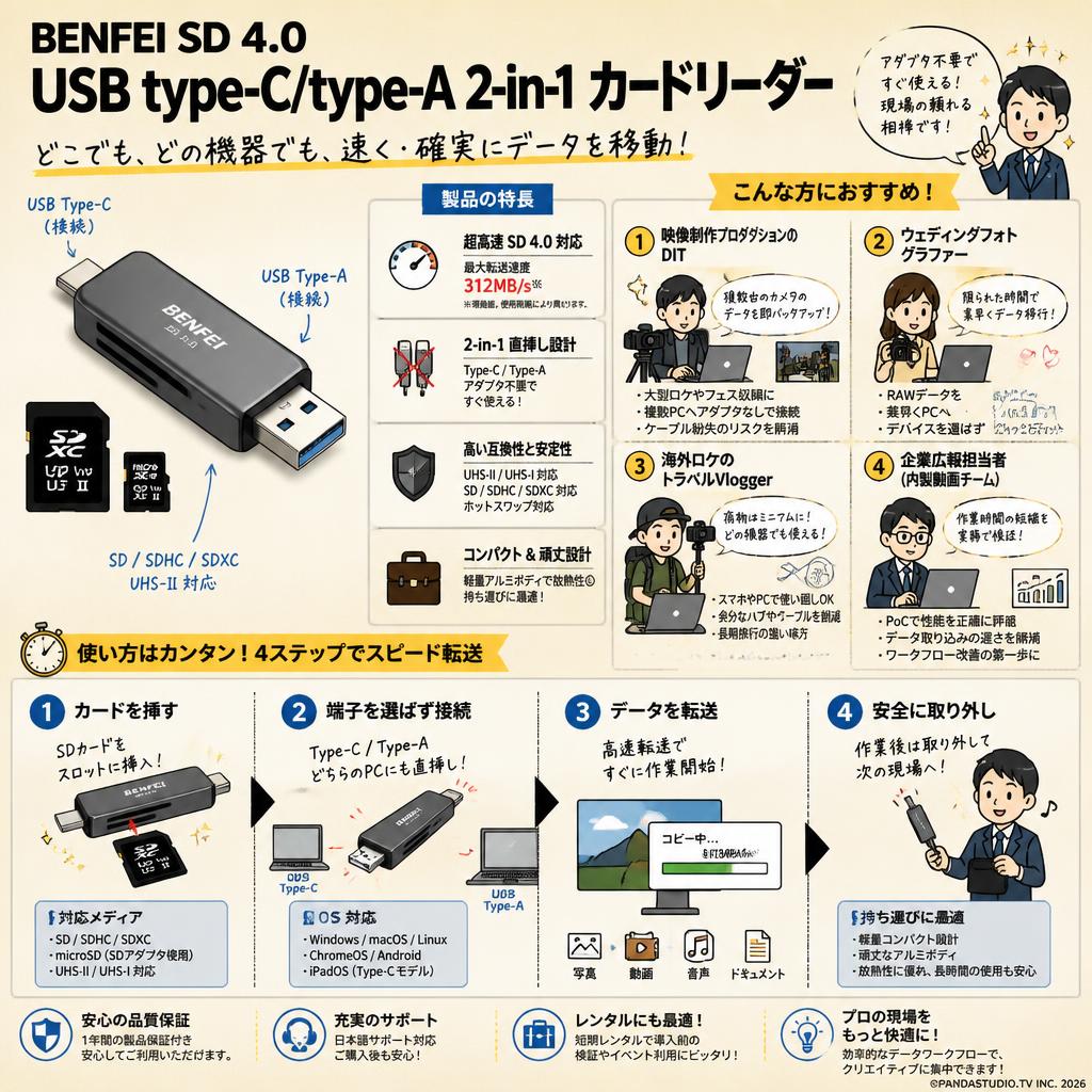 BENFEI SD 4.0 USB type-C/type-A 2-in-1 カードリーダー おもな対象のお客様