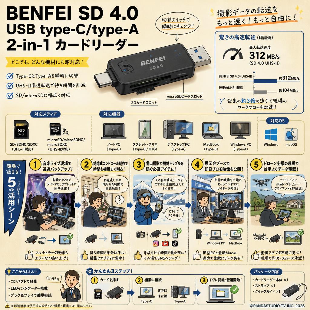 BENFEI SD 4.0 USB type-C/type-A 2-in-1 カードリーダー 用途