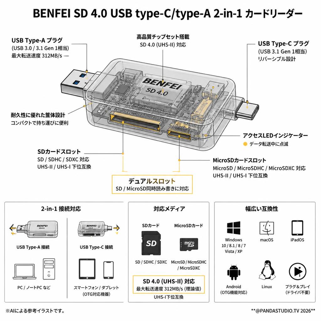 BENFEI SD 4.0 USB type-C/type-A 2-in-1 カードリーダー スペック