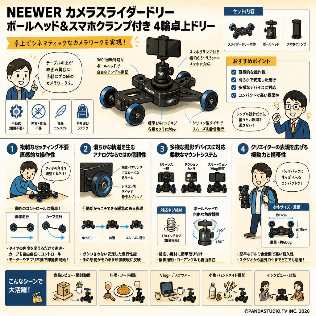 NEEWER カメラスライダードリー ボールヘッド&スマホクランプ付き 4輪卓上ドリー 概要