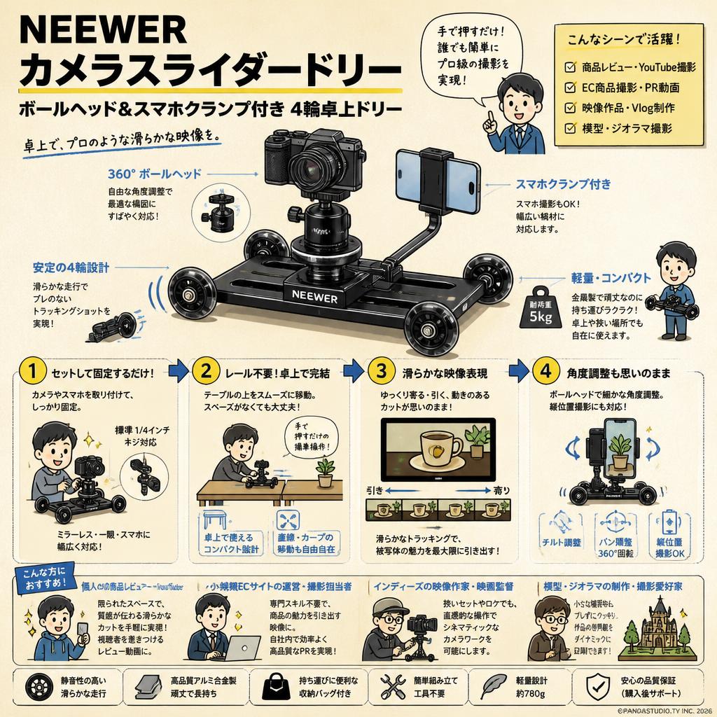 NEEWER カメラスライダードリー ボールヘッド&スマホクランプ付き 4輪卓上ドリー おもな対象のお客様