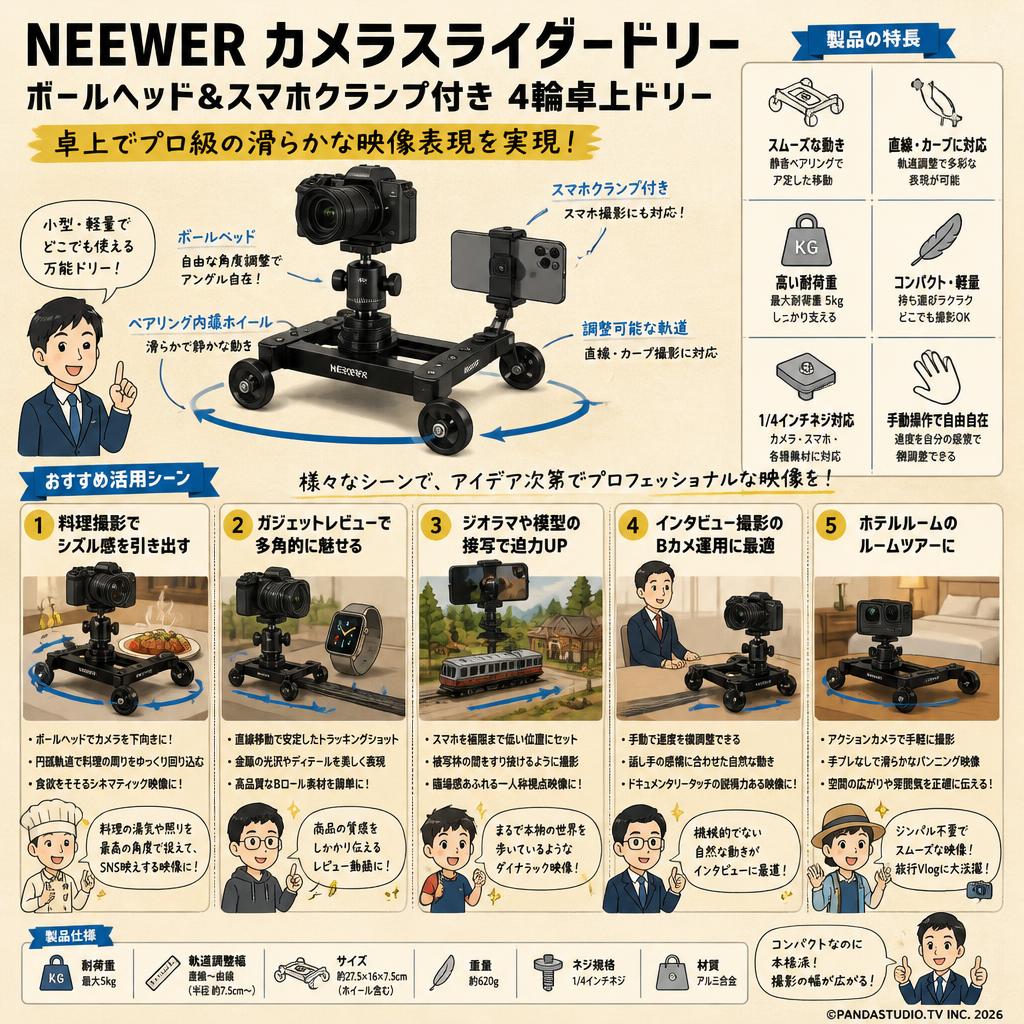 NEEWER カメラスライダードリー ボールヘッド&スマホクランプ付き 4輪卓上ドリー 用途