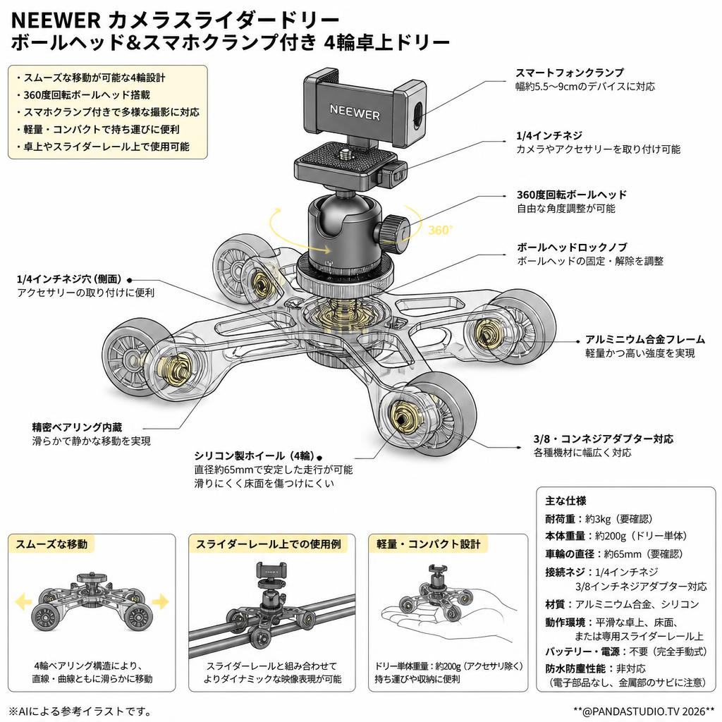 NEEWER カメラスライダードリー ボールヘッド&スマホクランプ付き 4輪卓上ドリー スペック