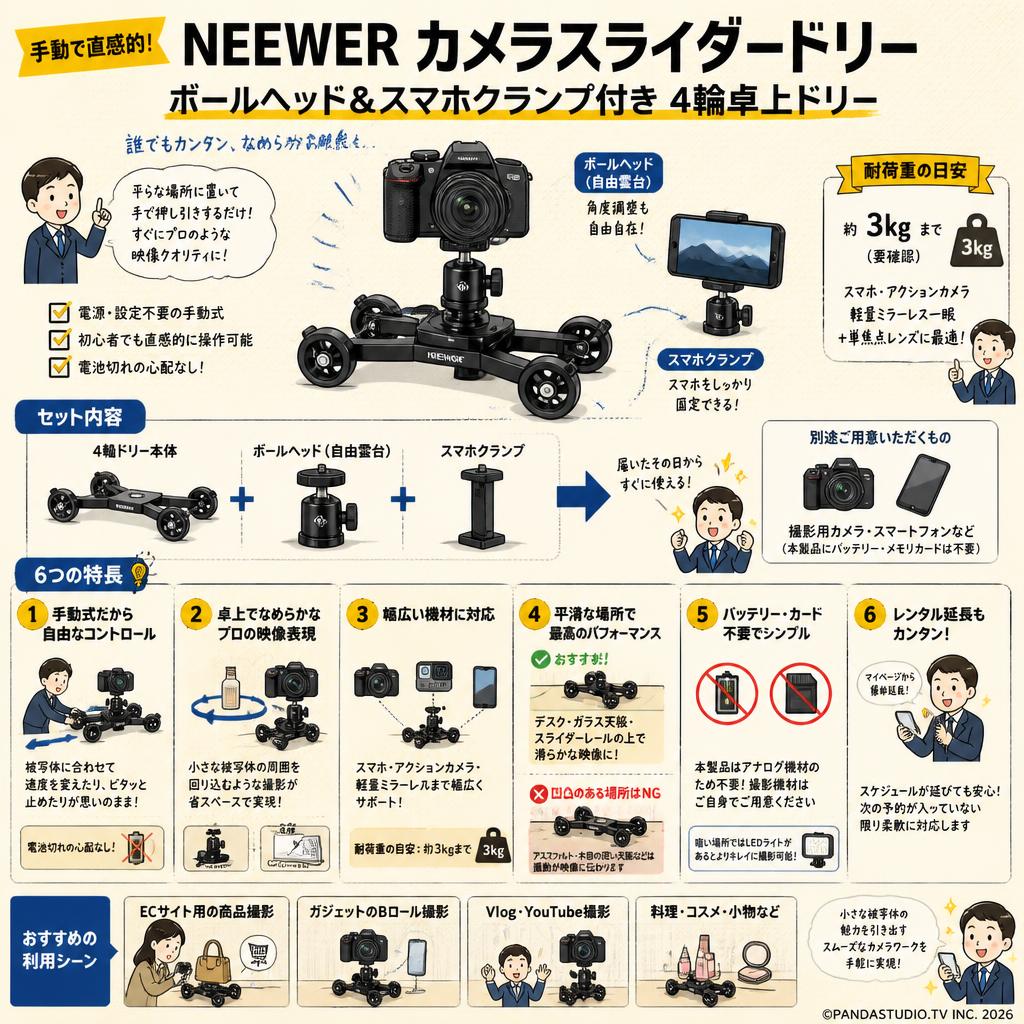 NEEWER カメラスライダードリー ボールヘッド&スマホクランプ付き 4輪卓上ドリー FAQ（よくある質問と答え）