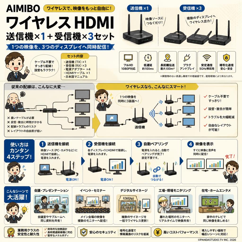 AIMIBO ワイヤレス HDMI 送信機×1+受信機×3セット | パンダスタジオ