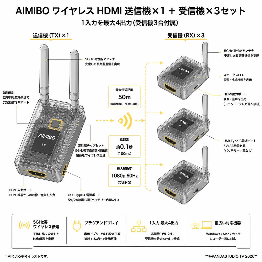 AIMIBO ワイヤレス HDMI 送信機×1+受信機×3セット | パンダスタジオ