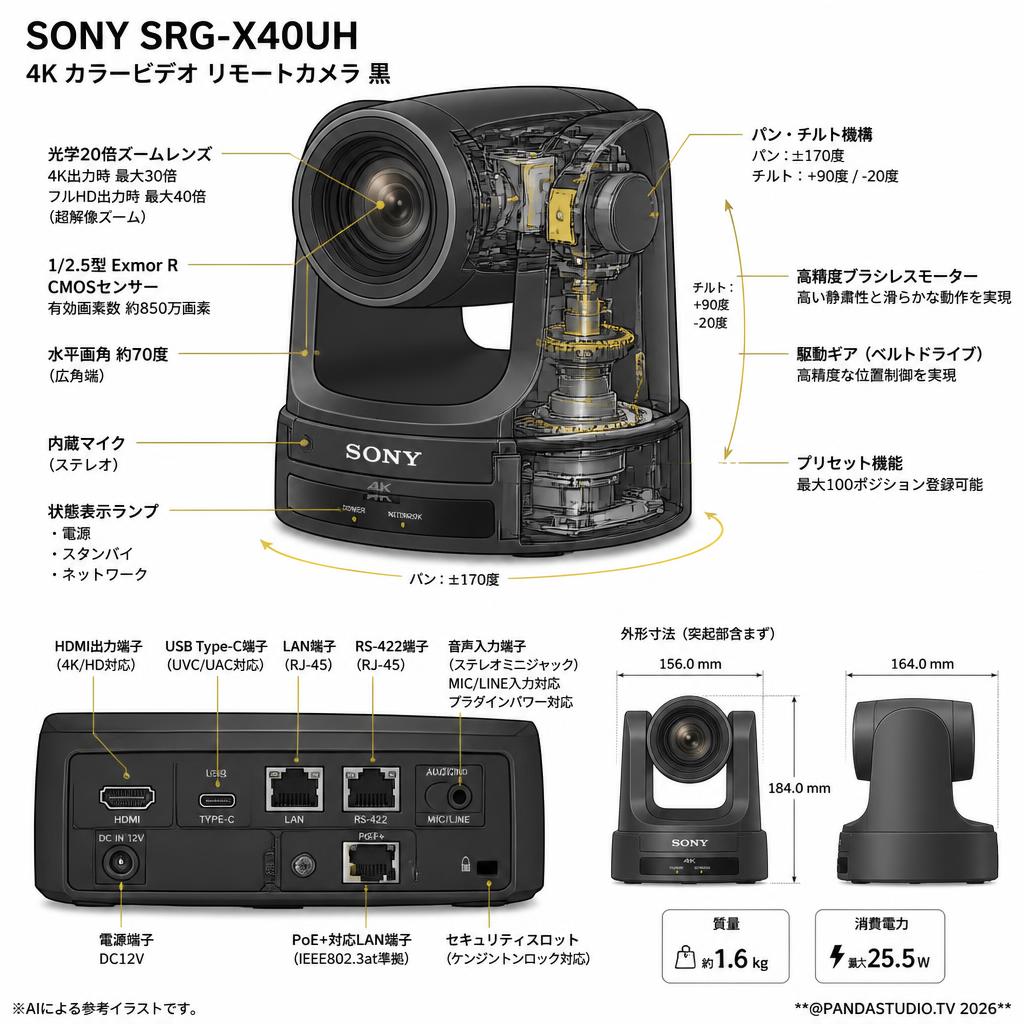 SONY SRG-X40UH 4K カラービデオ リモートカメラ 黒 スペック