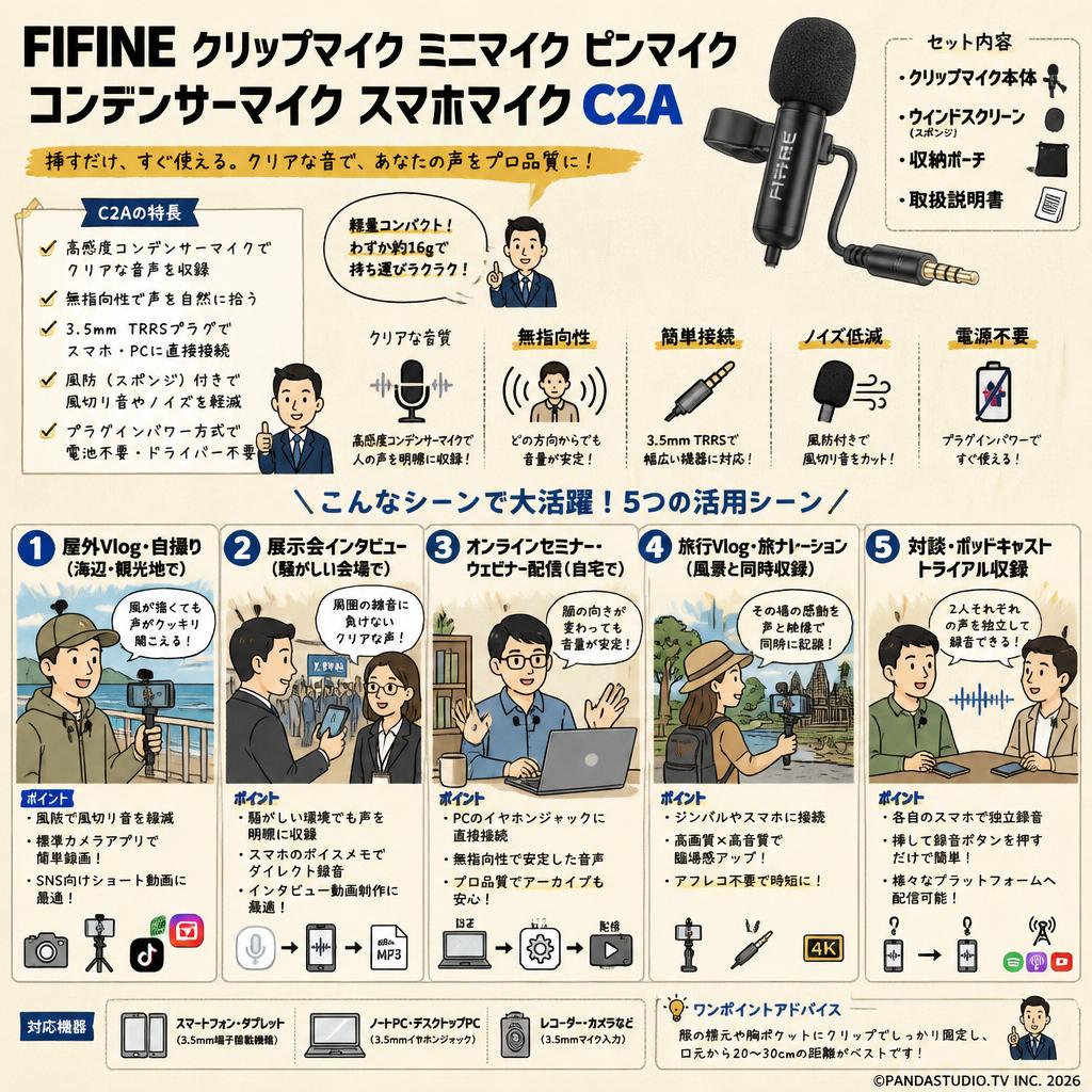 FIFINE クリップマイク ミニマイク ピンマイク コンデンサーマイク スマホマイク C2A 用途