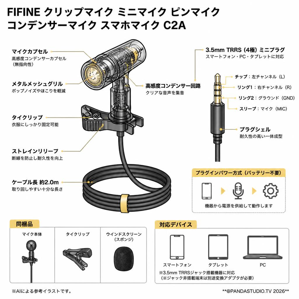 FIFINE クリップマイク ミニマイク ピンマイク コンデンサーマイク スマホマイク C2A スペック