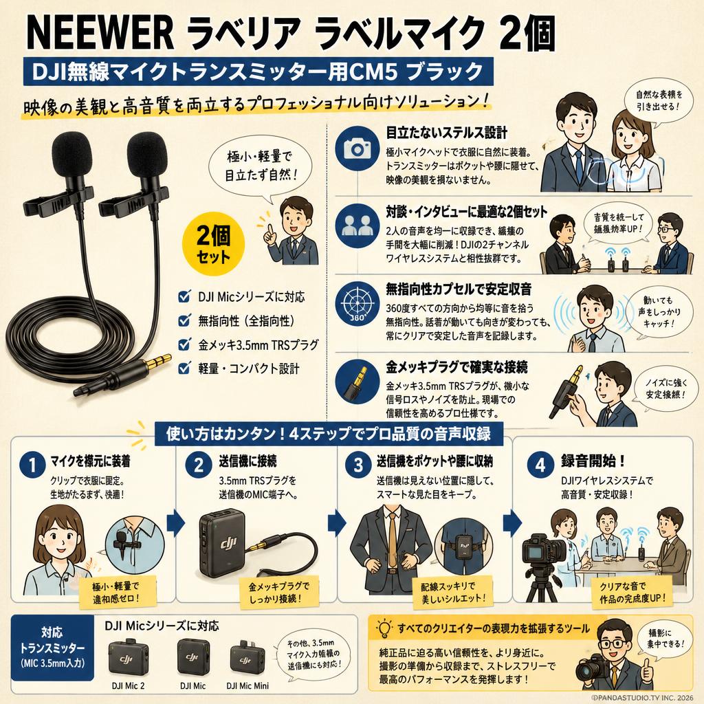 NEEWER ラベリア ラペルマイク 2個 DJI無線マイクトランスミッター用CM5 ブラック 概要