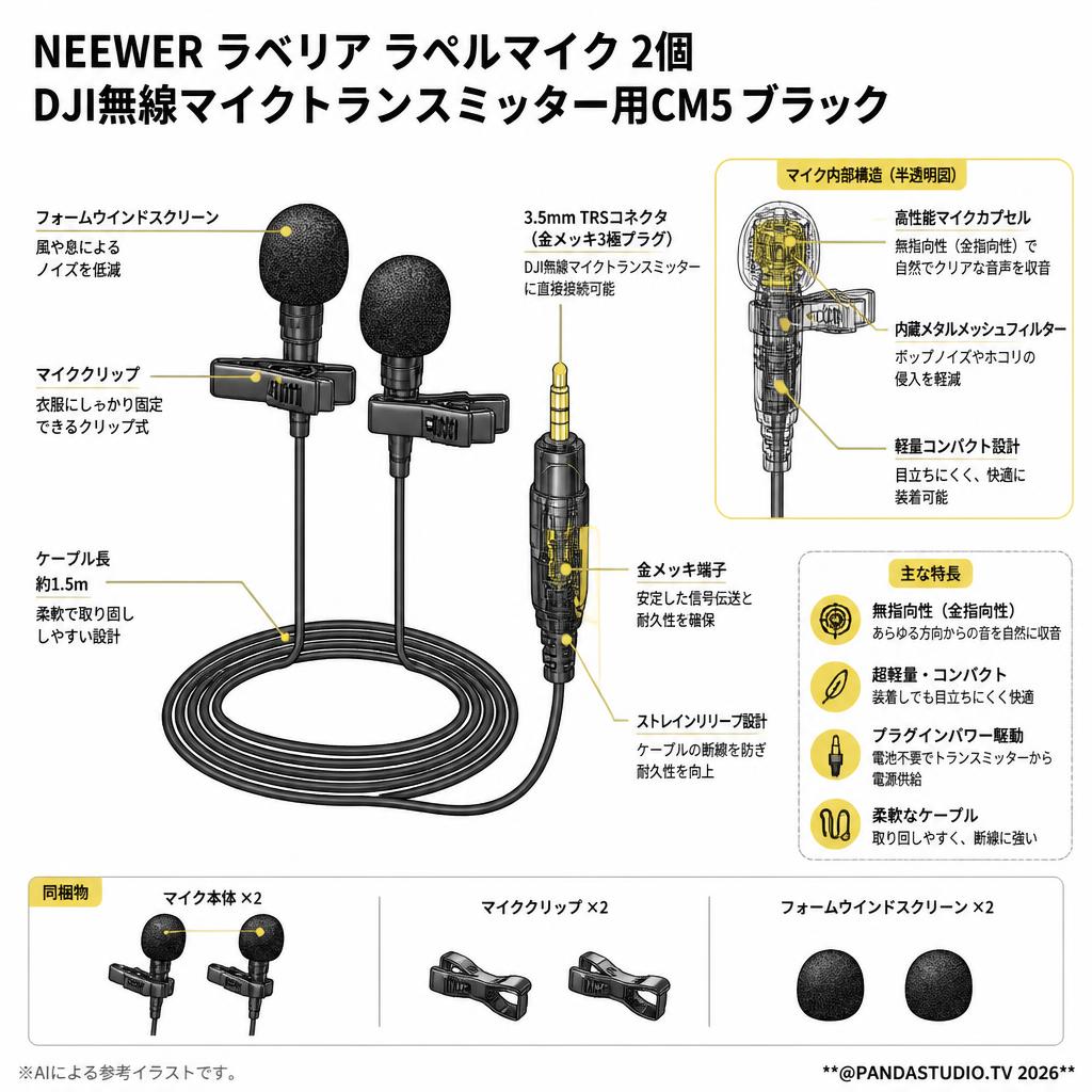 NEEWER ラベリア ラペルマイク 2個 DJI無線マイクトランスミッター用CM5 ブラック スペック
