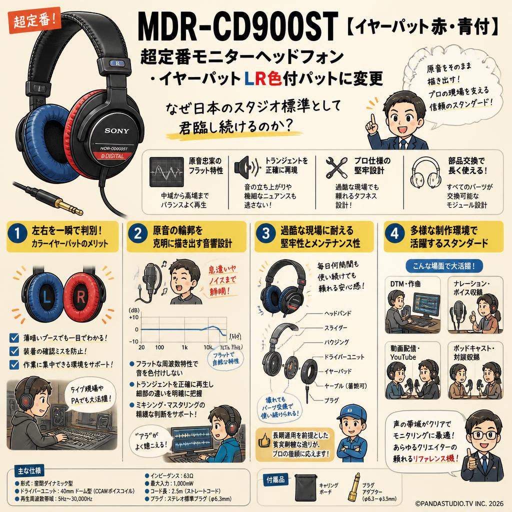 MDR-CD900ST【イヤーパット赤・青付】超定番モニターヘッドフォン ・イヤーパット LR色付パットに変更 概要