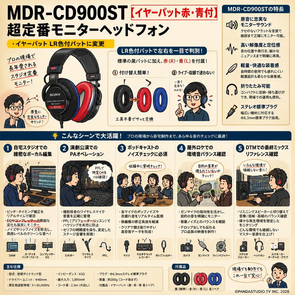 MDR-CD900ST【イヤーパット赤・青付】超定番モニターヘッドフォン ・イヤーパット LR色付パットに変更 用途