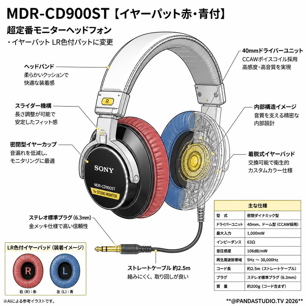 MDR-CD900ST【イヤーパット赤・青付】超定番モニターヘッドフォン ・イヤーパット LR色付パットに変更 スペック