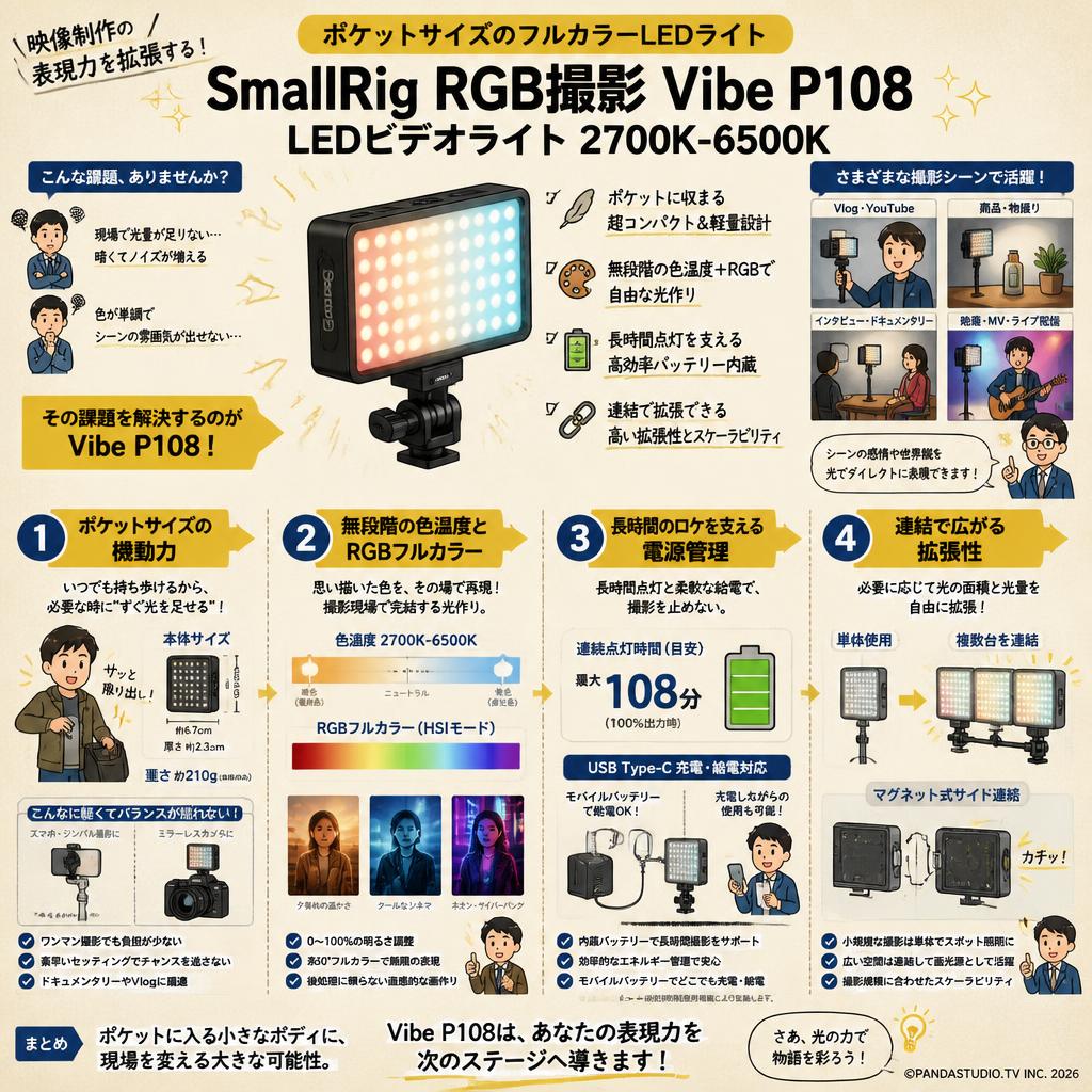 SmallRig RGB撮影 Vibe P108 LEDビデオライト2700K-6500K（4055） 概要