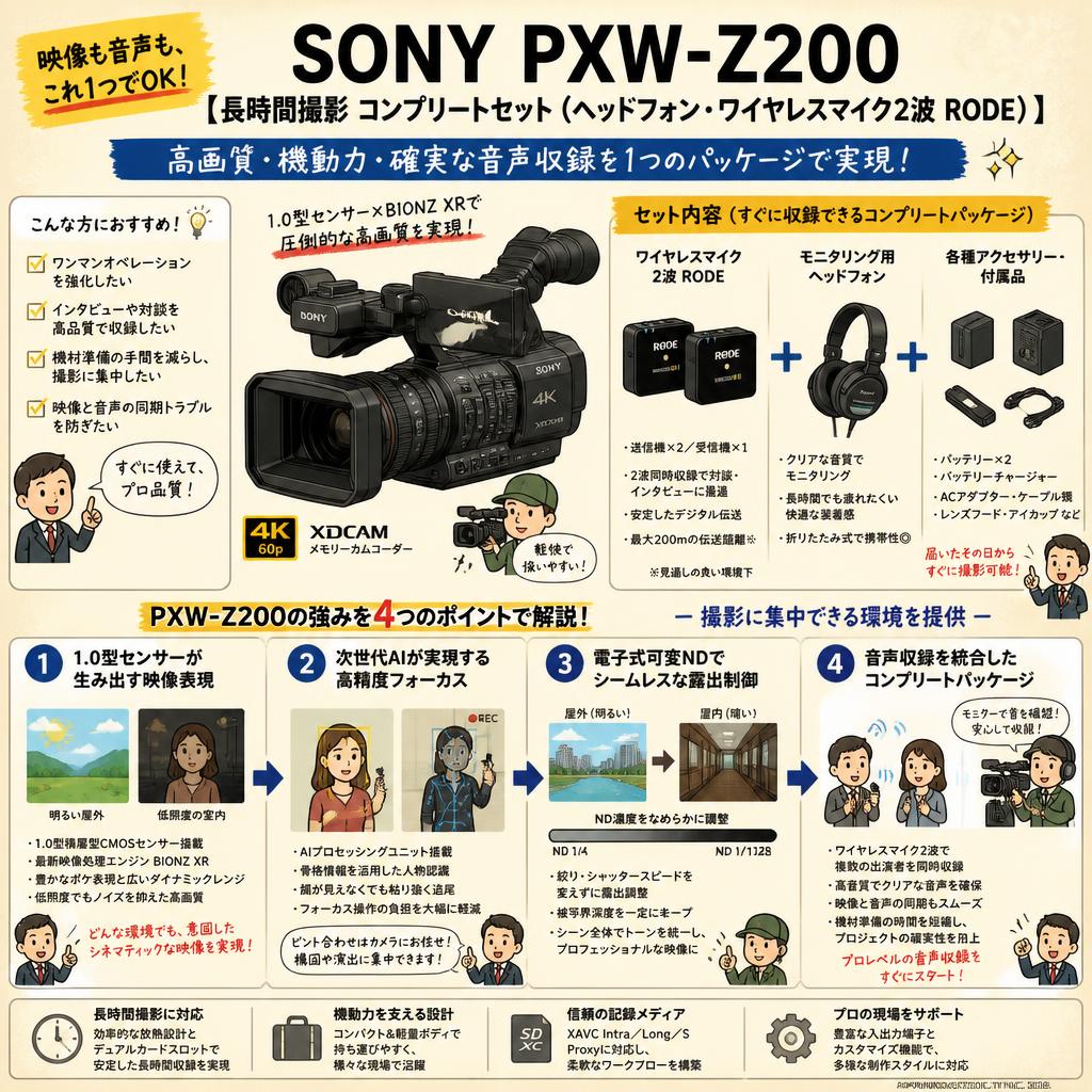 SONY PXW-Z200 【長時間撮影 コンプリートセット（ヘッドフォン・ワイヤレスマイク2波 RODE）】 概要