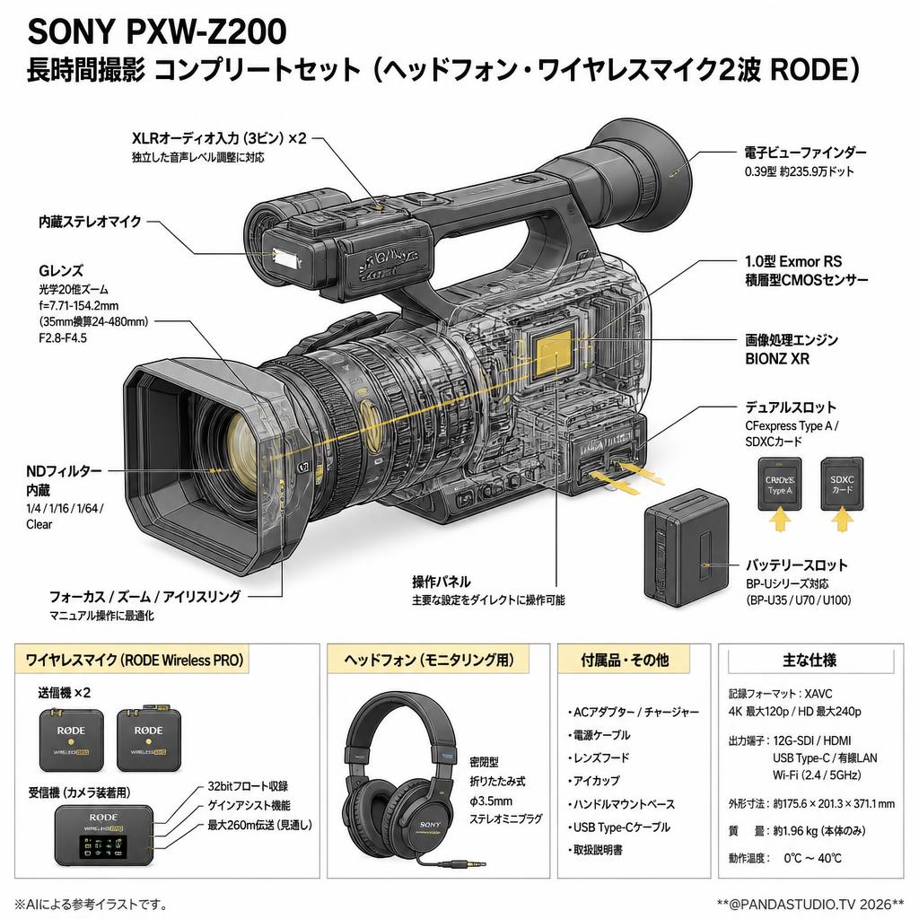 SONY PXW-Z200 【長時間撮影 コンプリートセット（ヘッドフォン・ワイヤレスマイク2波 RODE）】 スペック