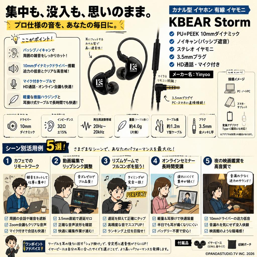カナル型 イヤホン 有線 イヤモニ KBEAR Storm PU+PEEK 10mmダイナミック ノイキャン ステレオ イヤモニ 3.5mmプラグ HD通話ブラック・マイク付き)メーカー名：Yinyoo 用途