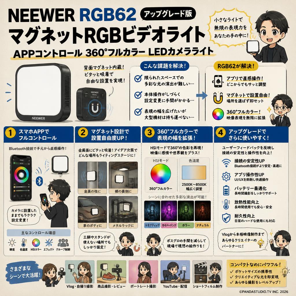 NEEWER RGB62 マグネットRGBビデオライト アップグレード版APPコントロール 360°フルカラー LEDカメラライト 概要