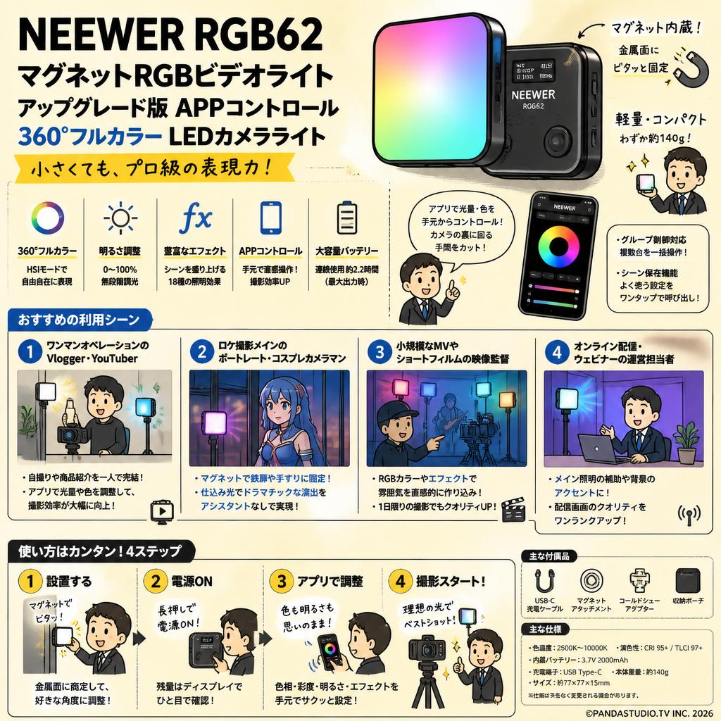 NEEWER RGB62 マグネットRGBビデオライト アップグレード版APPコントロール 360°フルカラー LEDカメラライト おもな対象のお客様