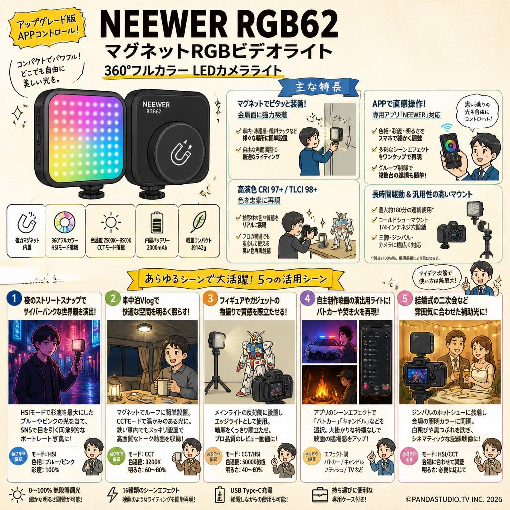 NEEWER RGB62 マグネットRGBビデオライト アップグレード版APPコントロール 360°フルカラー LEDカメラライト 用途