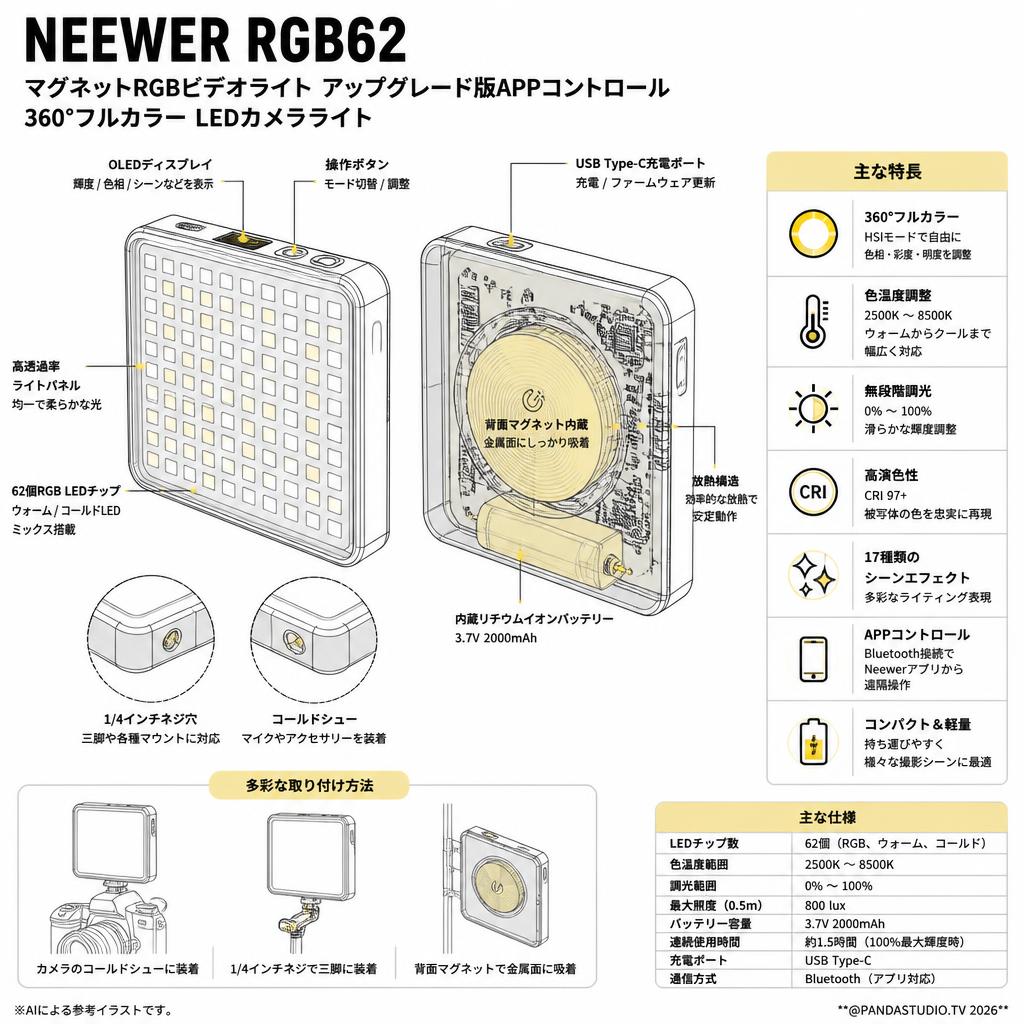 NEEWER RGB62 マグネットRGBビデオライト アップグレード版APPコントロール 360°フルカラー LEDカメラライト スペック