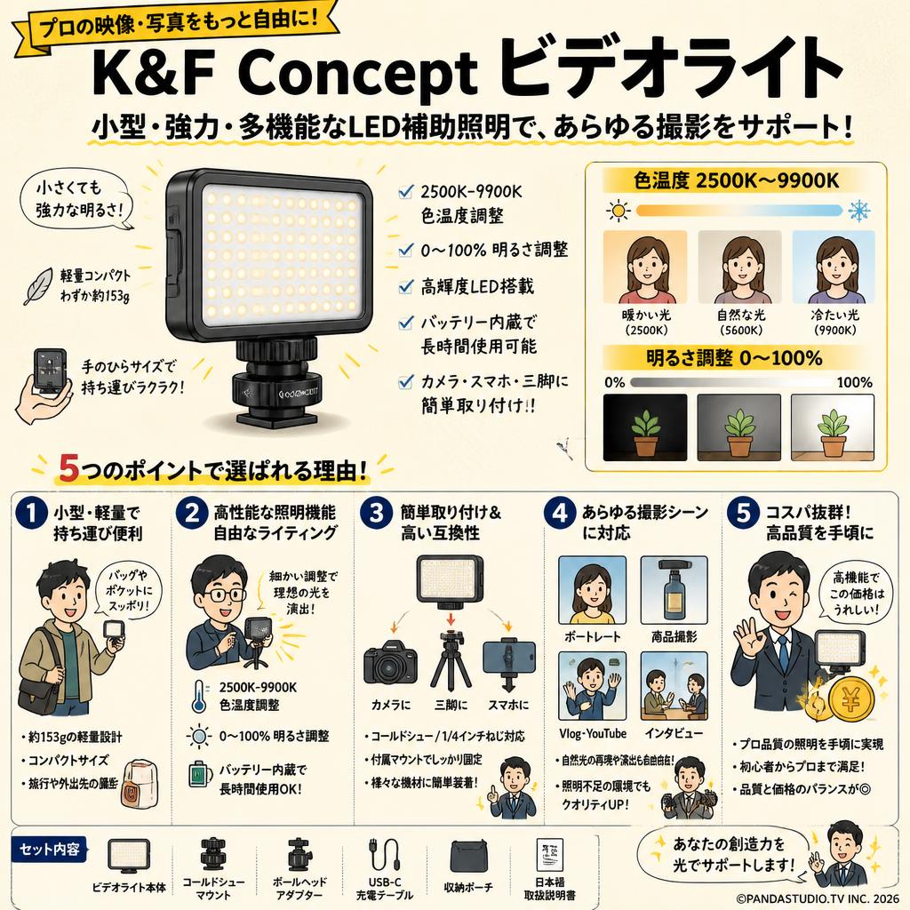 K&F Concept ビデオライト 小型 補助照明 カメラ ライト ledライト 撮影 持ち運び LEDビデオライト 照明 撮影用ライト 強力 2500K-9900K色 概要