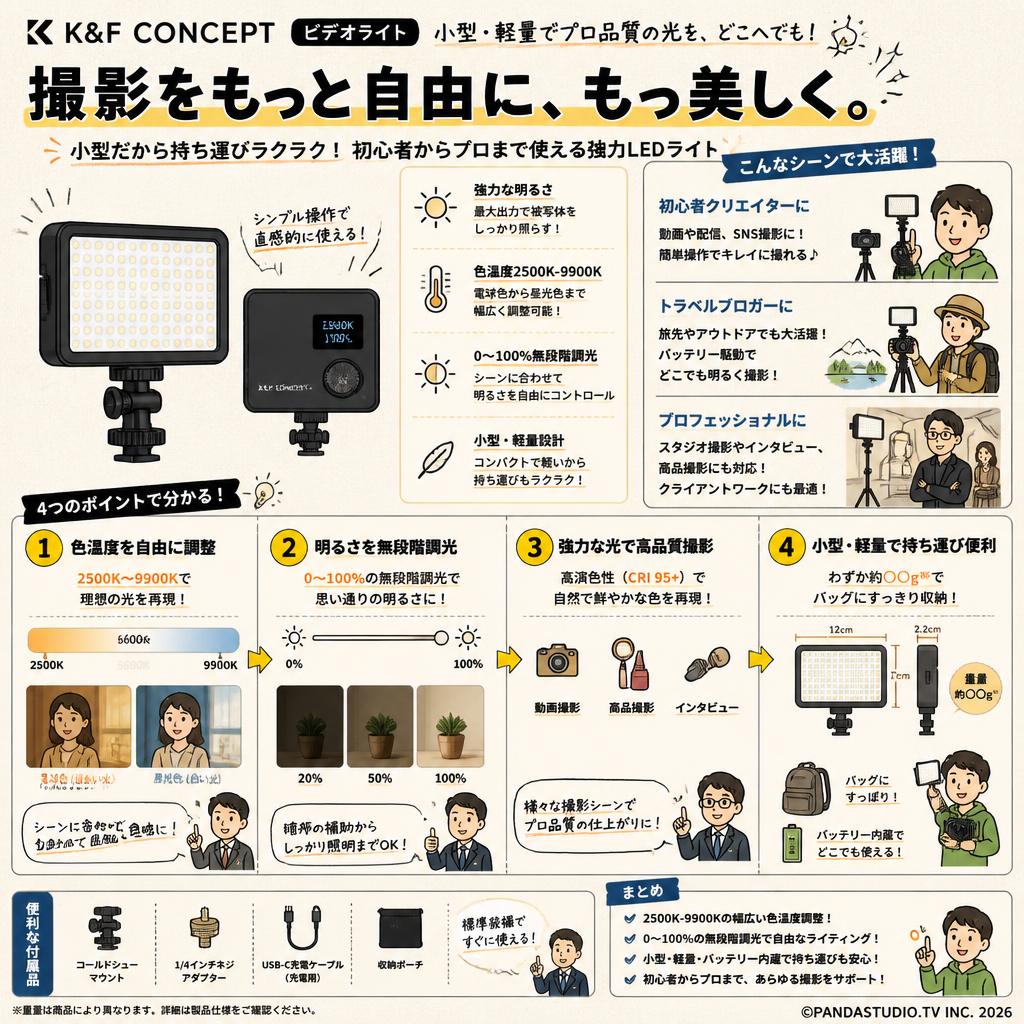 K&F Concept ビデオライト 小型 補助照明 カメラ ライト ledライト 撮影 持ち運び LEDビデオライト 照明 撮影用ライト 強力 2500K-9900K色 おもな対象のお客様