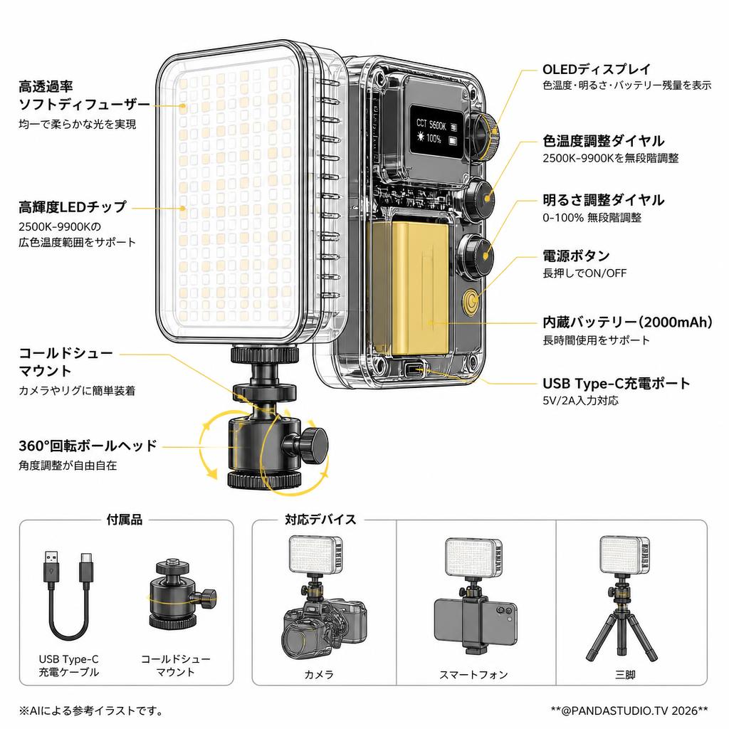 K&F Concept ビデオライト 小型 補助照明 カメラ ライト ledライト 撮影 持ち運び LEDビデオライト 照明 撮影用ライト 強力 2500K-9900K色 スペック