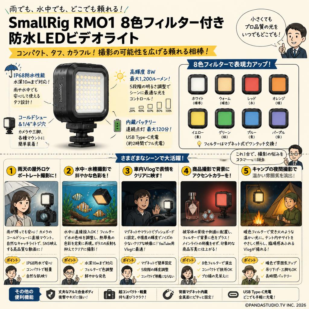 SmallRig、RMO1 8色フィルター付き防水LEDビデオライト 用途