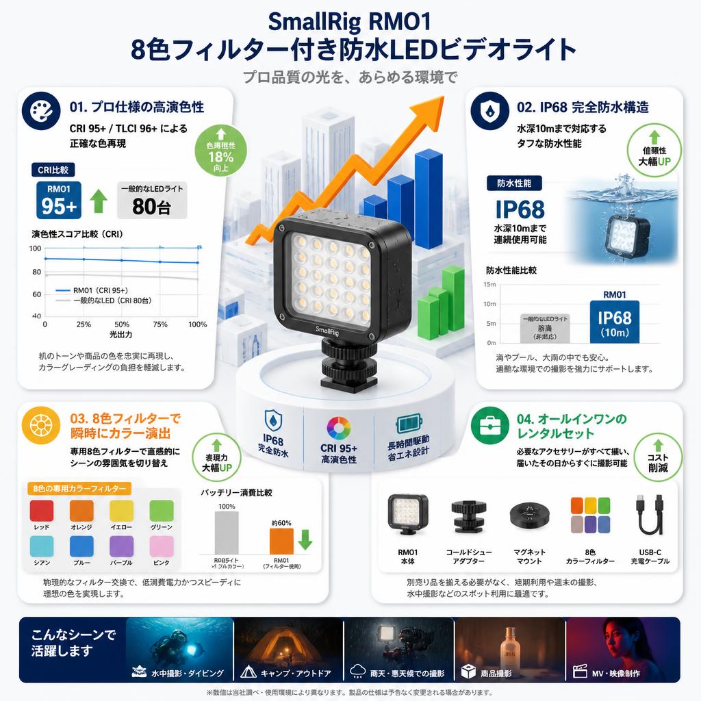 SmallRig、RMO1 8色フィルター付き防水LEDビデオライト セールスポイント