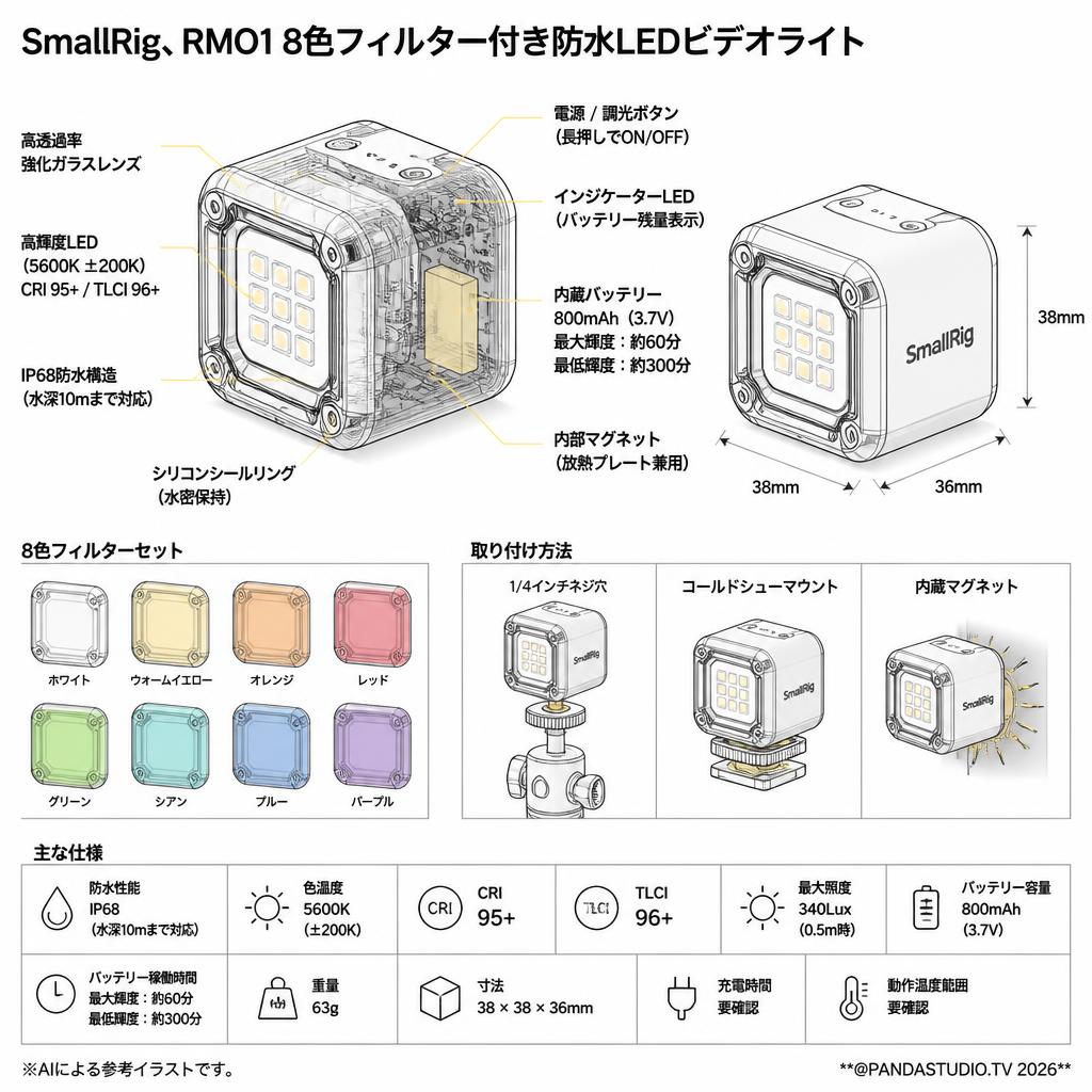 SmallRig、RMO1 8色フィルター付き防水LEDビデオライト スペック
