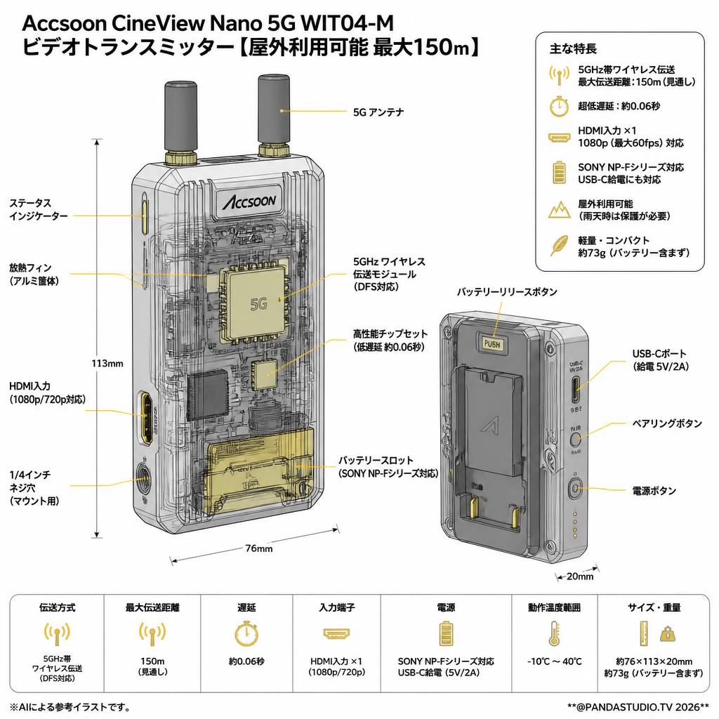 Accsoon CineView Nano 5G WIT04-M ビデオトランスミッター【屋外利用可能 最大150ｍ】 スペック