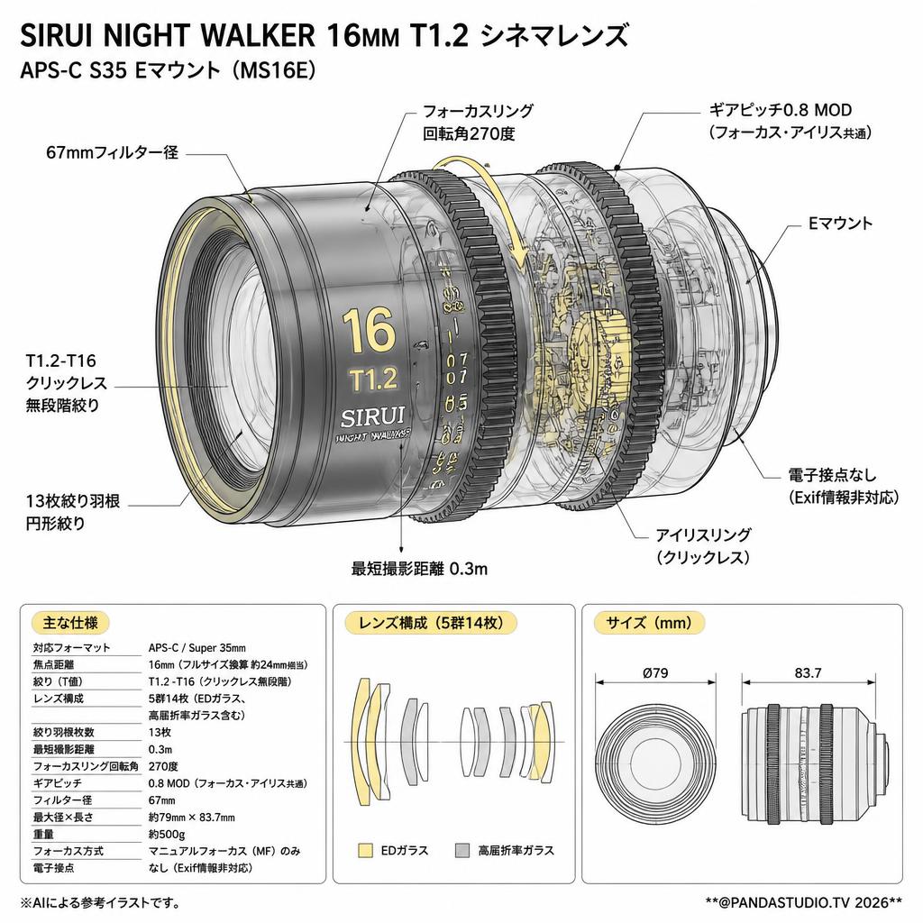 SIRUI Night Walker 16mm T1.2 シネマレンズ APS-C S35 Eマウント（MS16E ） スペック