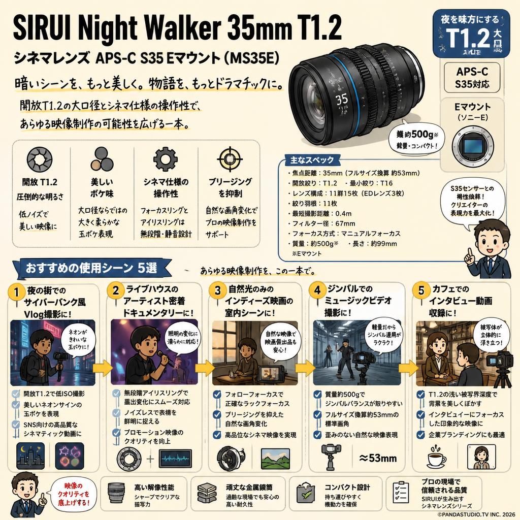 SIRUI Night Walker 35mm T1.2 シネマレンズ APS-C S35 Eマウント ( MS35E ) 用途