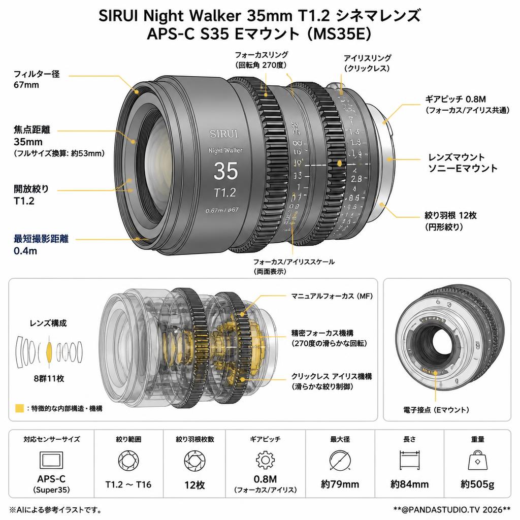SIRUI Night Walker 35mm T1.2 シネマレンズ APS-C S35 Eマウント ( MS35E ) スペック